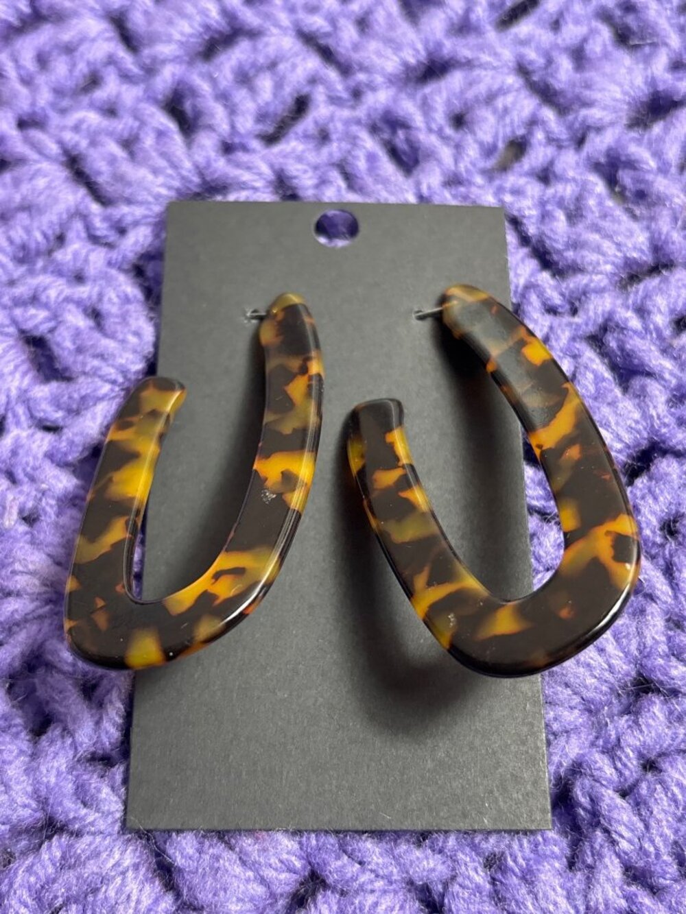 Acrylic Faux Tortoiseshell Open Oval Hoop Earrings 2.25 inches